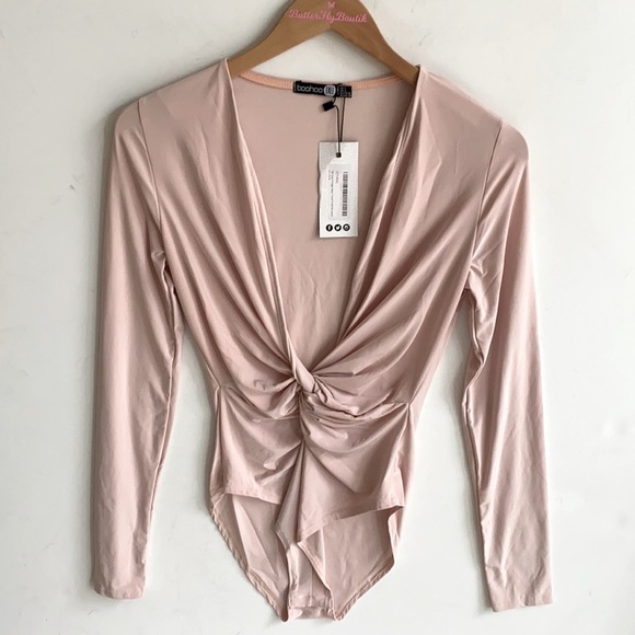 Boohoo Tall Eva plunge neck twist front bodysuit, nude, Size 4, NWT - Picture 5 of 13